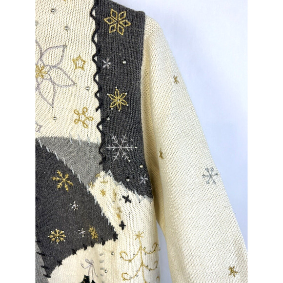 Design Originals Studio Winter Sweater Women's Medium Cream Gray Embroidery - Picture 3 of 10